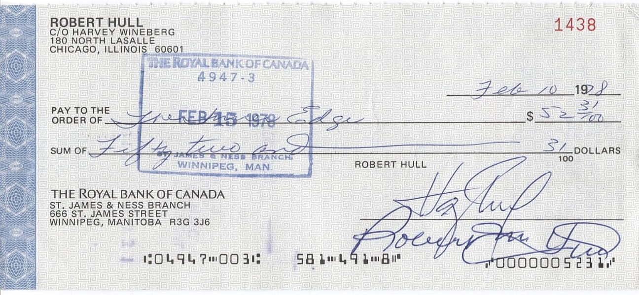 Bobby Hull signed personal check Hockey Hall of Fame