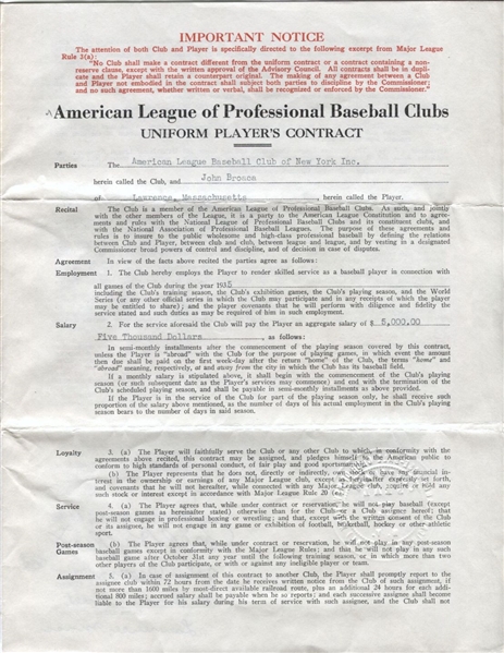 Johnny Broaca Signed 1935 NY Yankees Contract – Harridge
