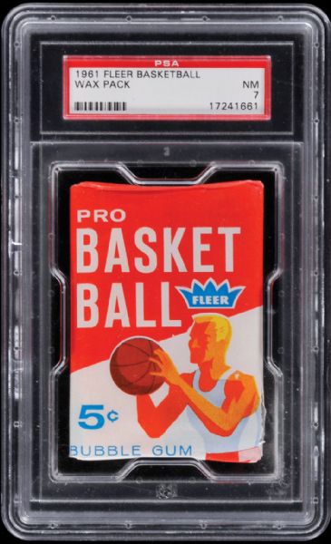 1961 1962 Fleer Unopened Five-Cent Wax Pack - PSA NM 7 Bailey Howell RC showing Chamberlain, West, Robinson RC’s Baylor, Cousy, Russell