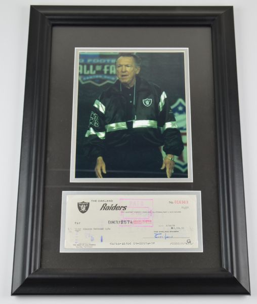 Al Davis signed Raiders payroll check framed and matted
