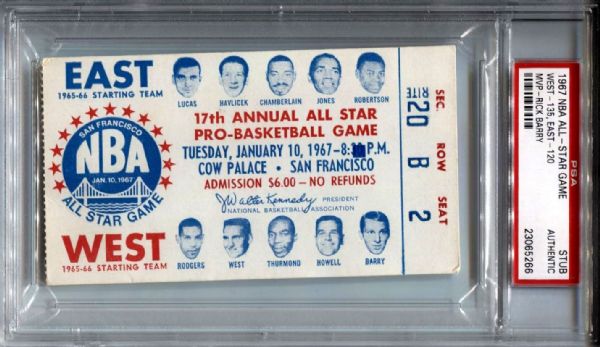 1967 NBA All-Star Game Ticket Stub PSA Encapsulated Low POP