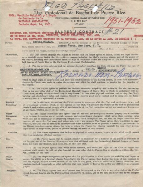 George Crowe Negro League & Major League Star 1951-52 Puerto Rico League Baseball Contract