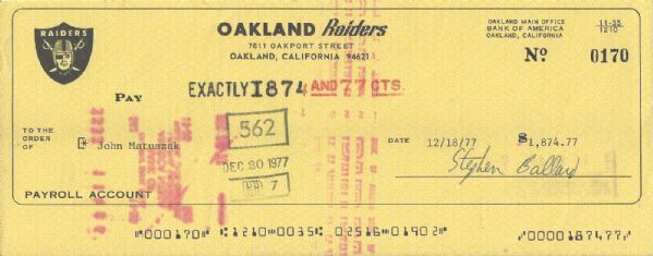 John “The Tooz” Matuszak Signed Oakland Raiders payroll check D. 1989 at age 38