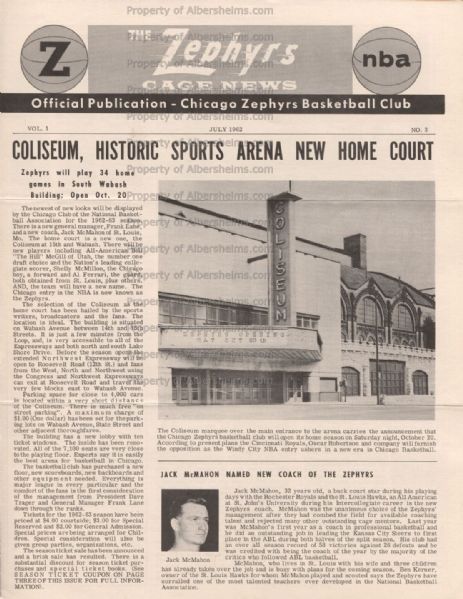 1962 Chicago Zephyrs NBA team Official Cage Newsletter Vol 1 -  #3 – Jack McMahon 