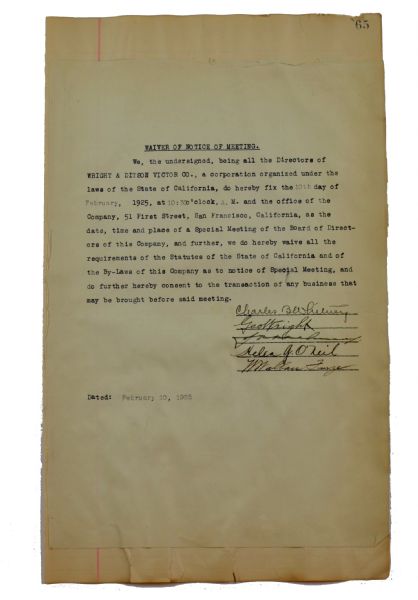 Multi-Signed Baseball Document - Signed By HOFer George Wright  D. 1937