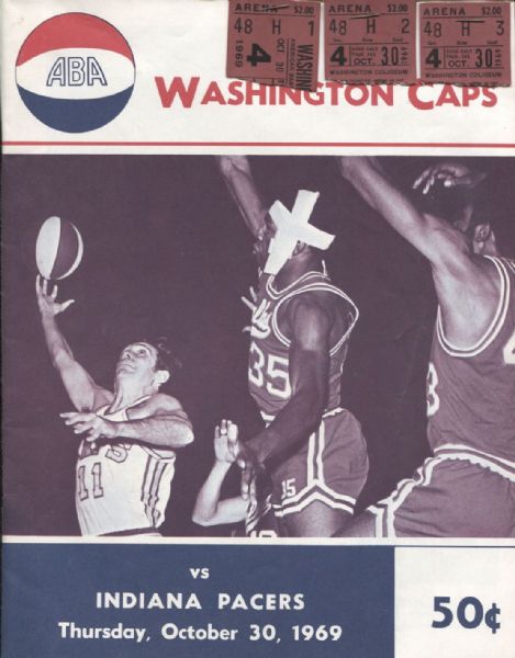 Washington Caps vs Pacers 1969 ABA basketball program w/ ticket stubs + bonus