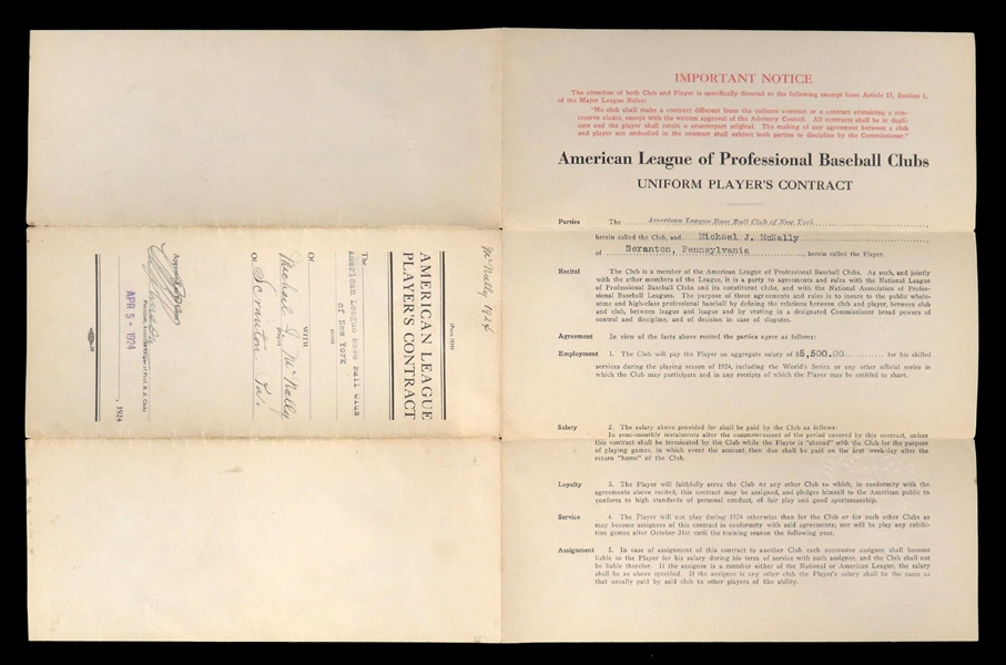 Ban Johnson Signed 1924 New York Yankees baseball Contract for Mike McNally – Jacob Ruppert