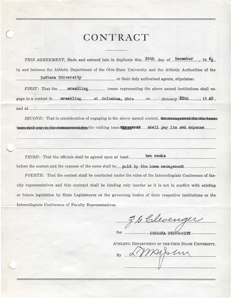 Lynn St. John signed Contract Rare Basketball HOF Ohio State D. 1950 w. Zora Clevenger College Football HOF