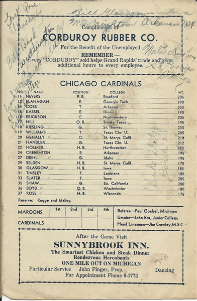 HOFer Walt Kiesling & Duke Slater Signed 1931 Chicago Cardinals football Program - JSA LOA