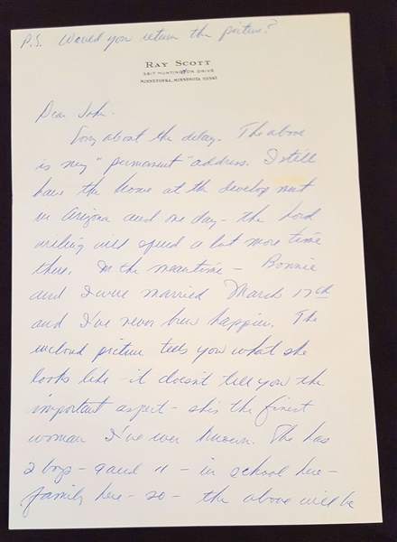 Ray Scott Signed Handwritten Letter #2  – Voice of the Green Bay Packers
