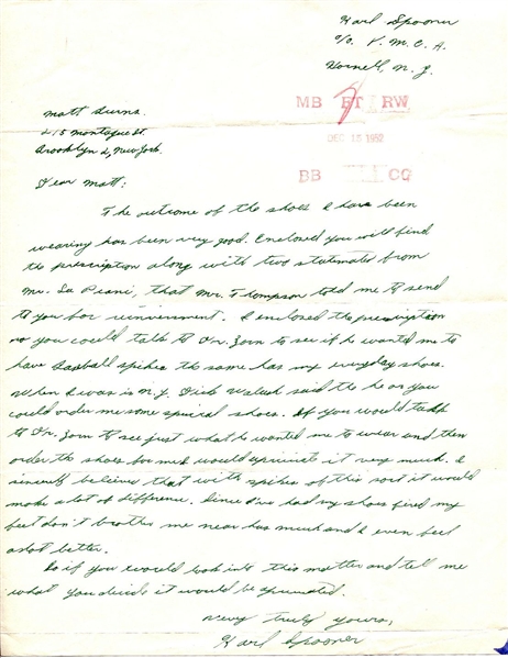 1952 Karl Spooner Brooklyn Dodgers signed (twice) letter with Foreshadowing Content