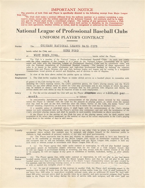 Gene Ford (D.1970) Signed AUTO 1936 Chicago Cubs Baseball Contract w/ Phillip Wrigley 