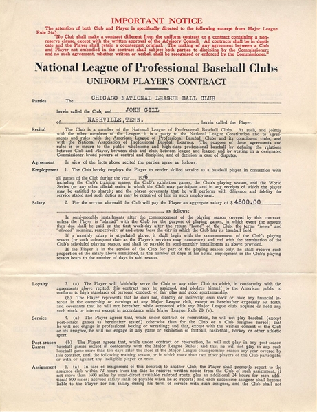 Johnny Gill Signed AUTO 1936 Chicago Cubs Baseball Contract w/ Phillip Wrigley