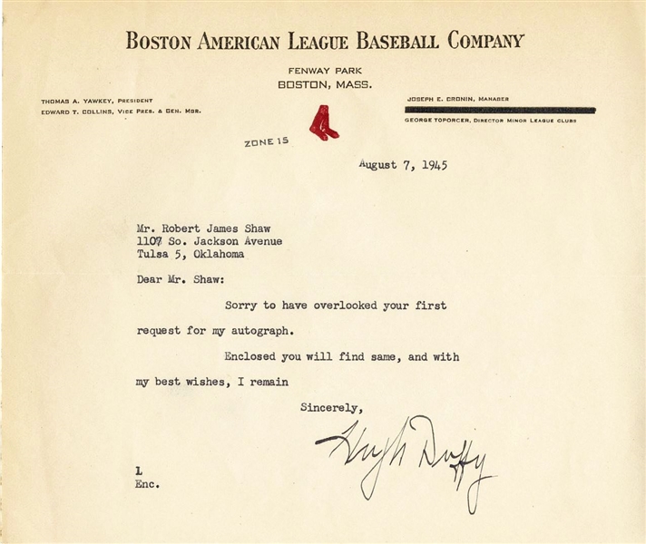 Hugh Duffy AUTO signed letter Baseball HOF D.1954 PSA/DNA LOA