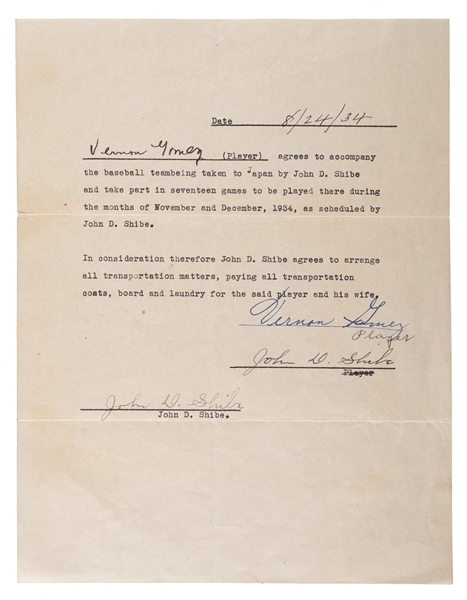 1934 Lefty Gomez Signed Tour Of Japan Baseball Contract – The Only One Known