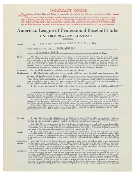Johnny Lindell 1941 Yankees Rookie Baseball Contract Signed AUTO /w Barrow Harridge 