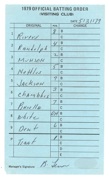 May 31, 1979 NY Yankees Official Batting Order Lineup Card /w Thurman Munson Reggie Jackson 350th HR Game Signed by Bob Lemon JSA COA