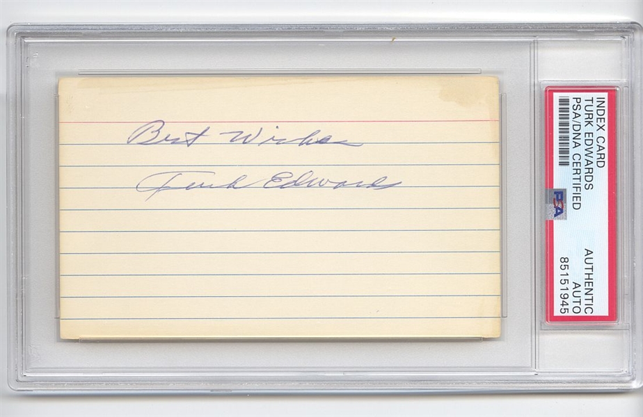 Turk Edwards Signed 3x5 Index Card Washington Redskins Football HOF D.1973 PSA/DNA