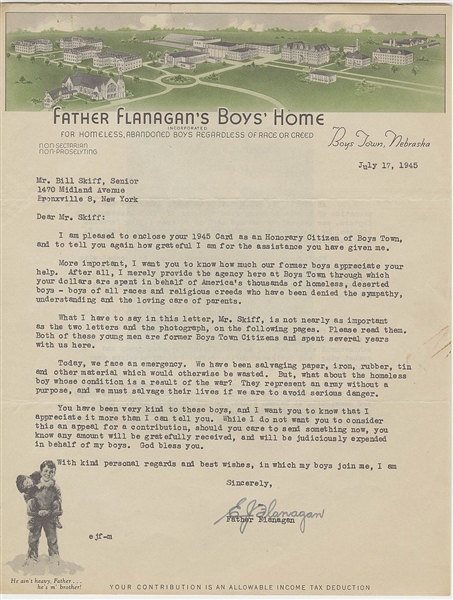 Father Edward J. Flanagan Signed AUTO Boys Town 1945 Letter /w Membership Card JSA LOA