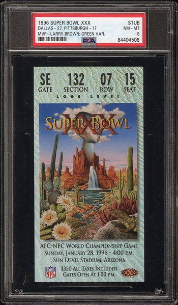 1996 Super Bowl XXX 30 Dallas Cowboys 27 Steelers 17 Green Variation Ticket Stub PSA 8