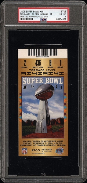 2008 Super Bowl XLII 42 Ticket Stub NY Giants 17 Patriots 14 Gold Eli Manning MVP PSA 6