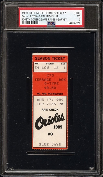 8/17 1989 Orioles Blue Jays Cal Ripken Jr. 1208th Consecutive Game Passes Steve Garvey Ticket Stub PSA 3 POP 1