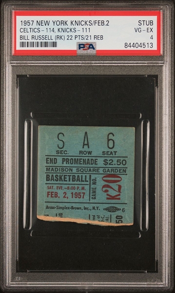 February 2, 1957 Knicks vs. Boston Celtics Bill Russell Rookie 22 PTS/21 REB PSA 4 Pop 1
