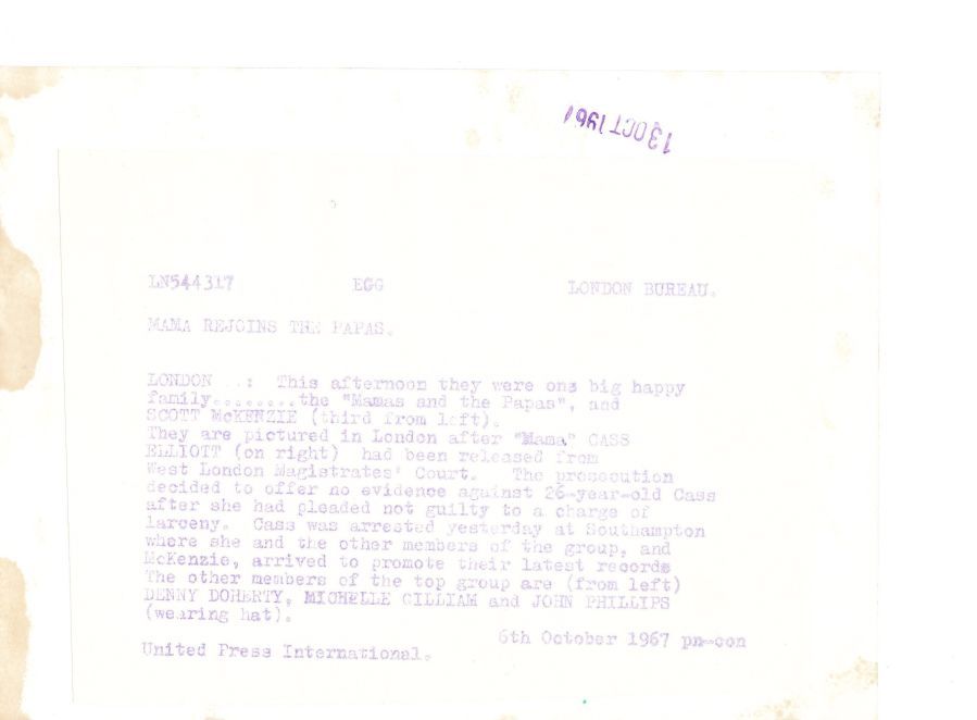 The Mamas & The Papas 1967 Cass Released from London Jail original photo