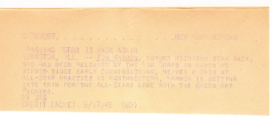 Tom Harmon 1945 Northwestern T-shirt original photo