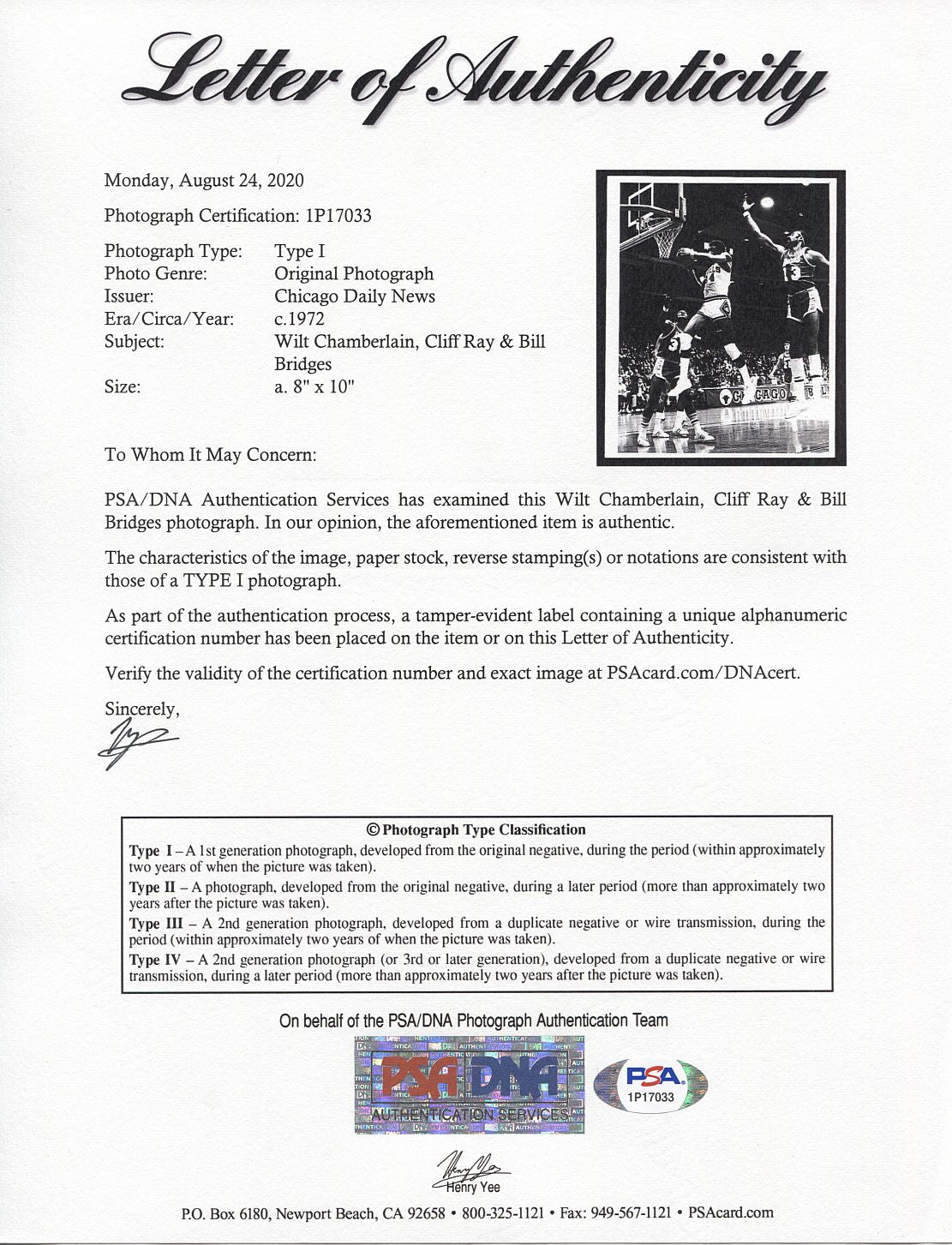 Wilt Chamberlain 1972 Lakers vs. Chicago Bulls Original Type I photo PSA/DNA