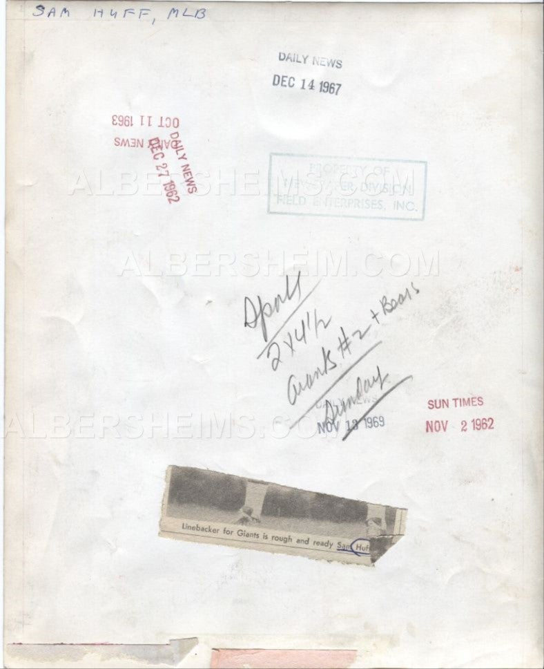 Sam Huff Original TYPE I Photo - 1962 New York Giants