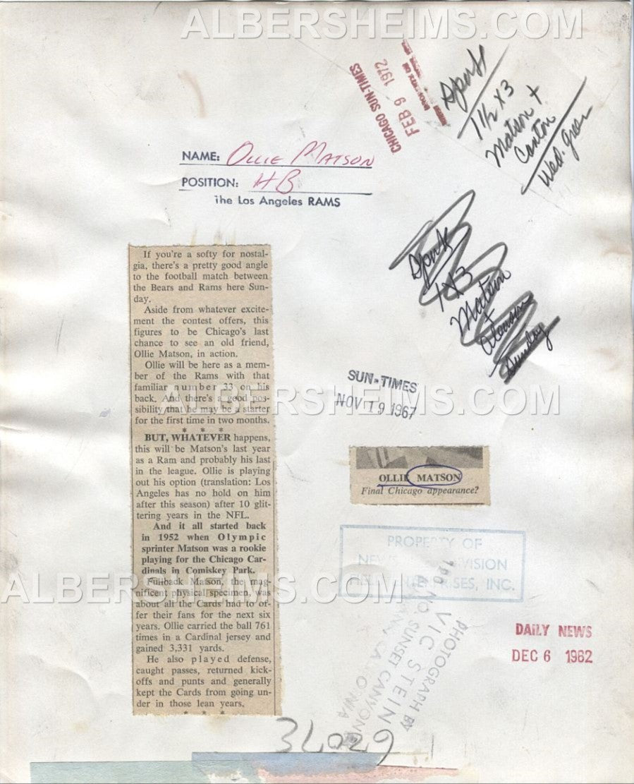 Ollie Matson 1962 Original TYPE I Photo Los Angeles Rams Pro Football HOF