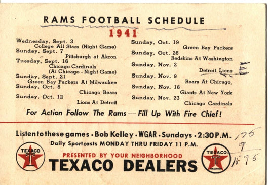 1941 Cleveland Rams NFL Football Original Schedule by Texaco