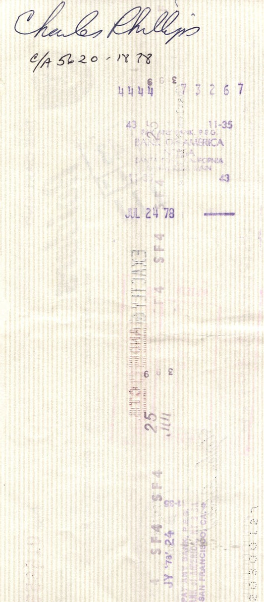 Charles Phillips Signed 1978 Oakland Raiders payroll Check