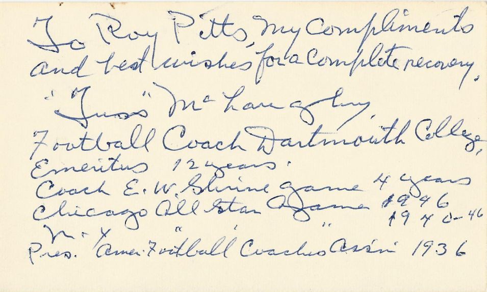 Tuss McLaughry College FB HOF signed 3x5 card with Achievements