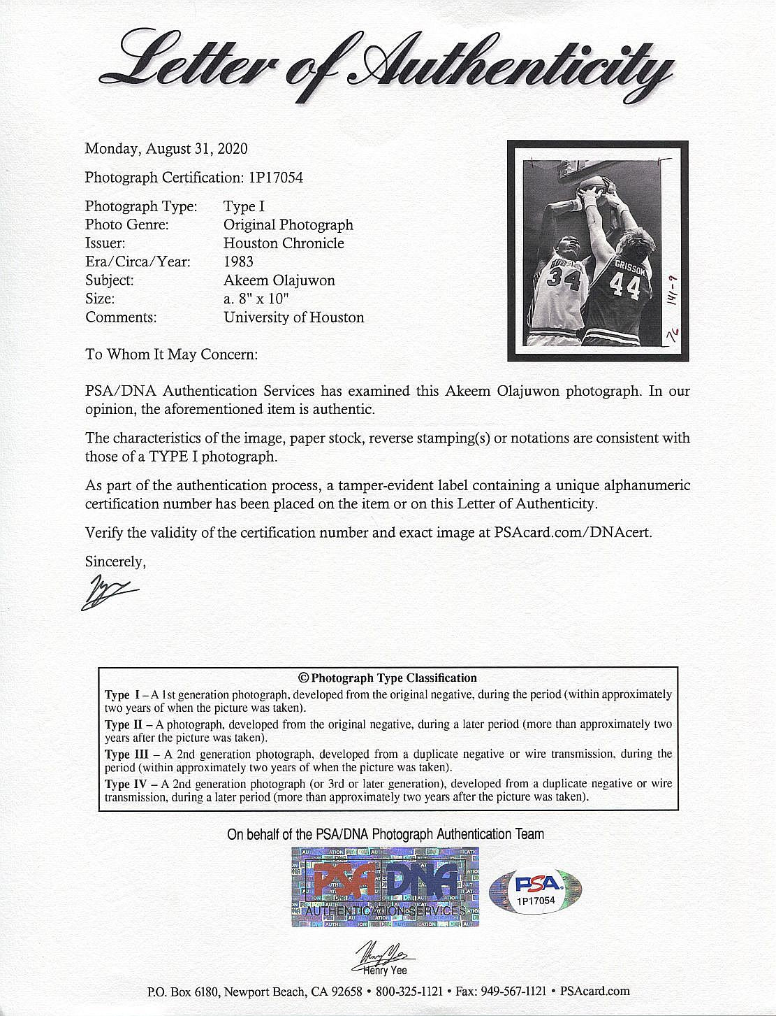 Akeem Hakeem Olajuwon Houston Cougars vs TCU 1983 Original TYPE 1 Photo PSA/DNA LOA