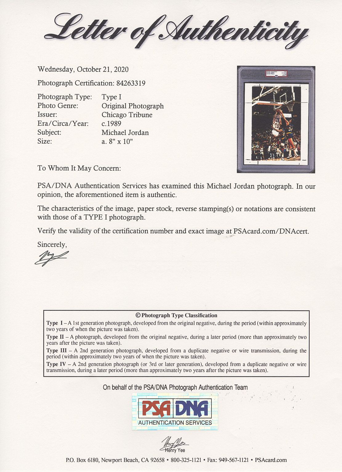 1989 Michael Jordan Dominates Denver's Danny Schayes Original Type 1 Photo PSA/DNA