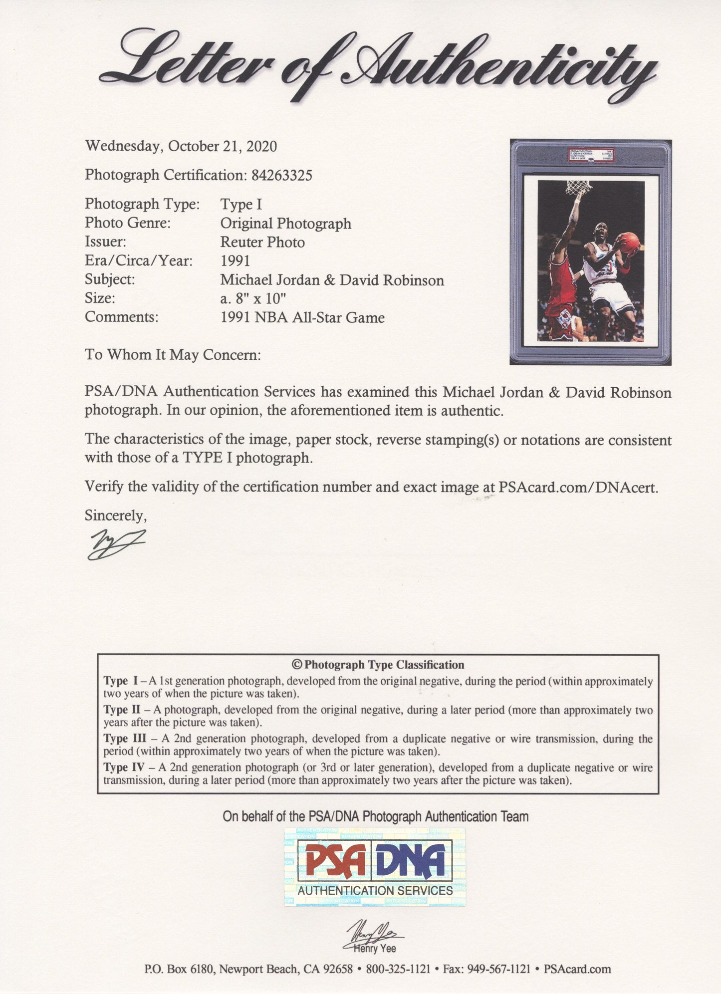 1991 NBA All-Star Game Michael Jordan vs. David Robinson Original Type 1 Photo PSA/DNA