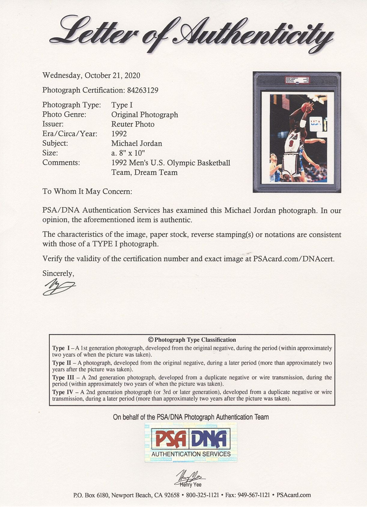 1992 Michael Jordan U.S. Olympic Dream Team Original Type 1 Photo PSA/DNA