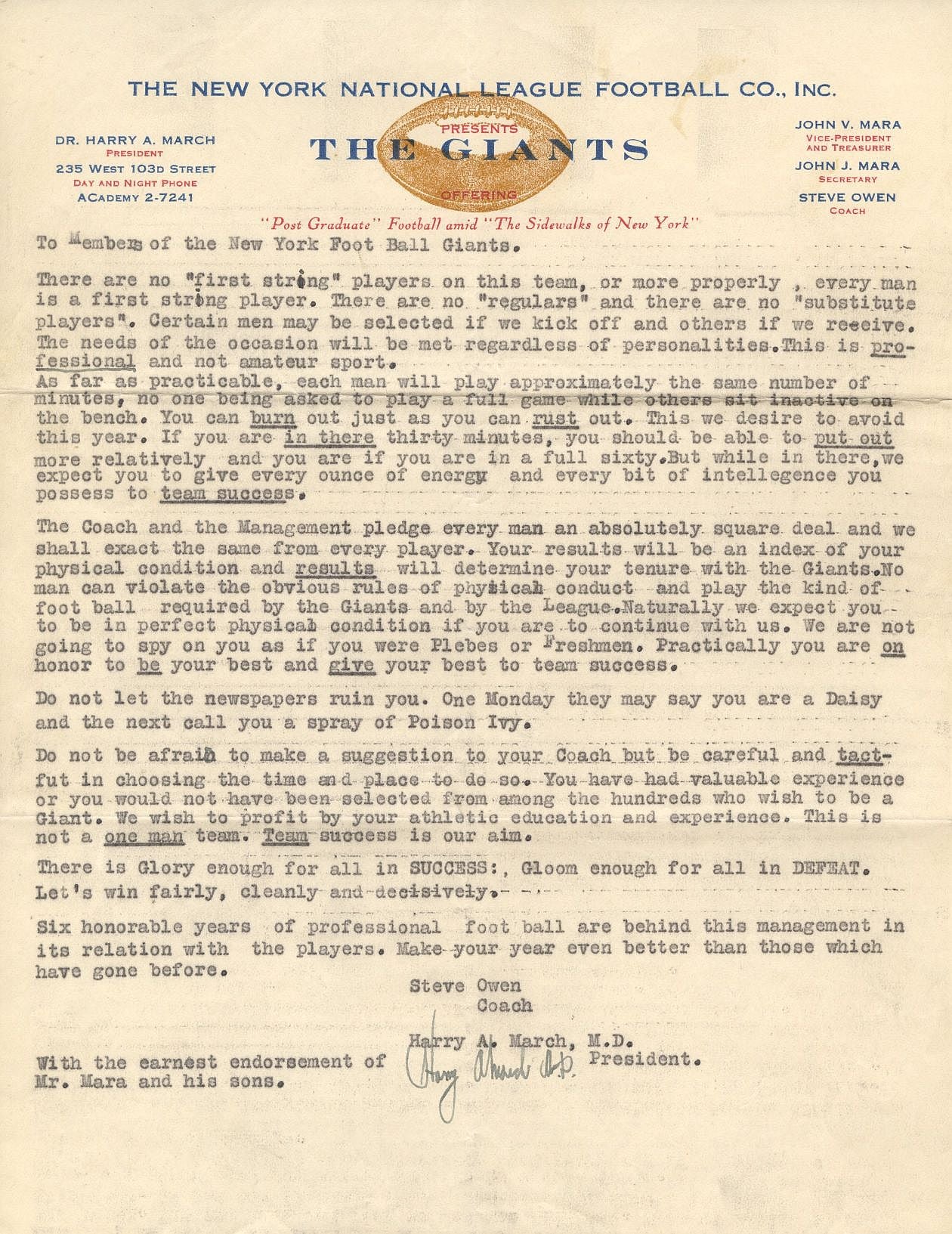 Harry March Co-Founder of the New York Football Giants Signed Letter Fantastic Content