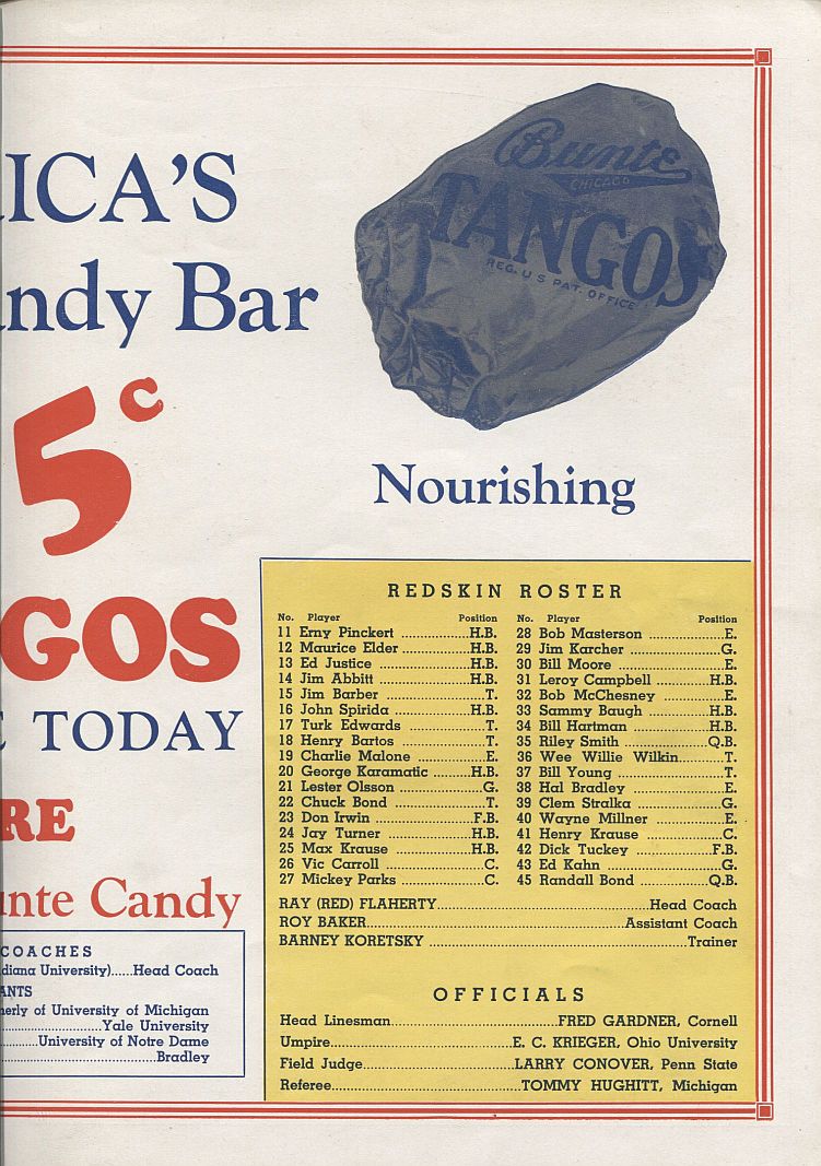 1938 College All-Stars vs Washington Redskins football program Whizzer White Sammy Baugh