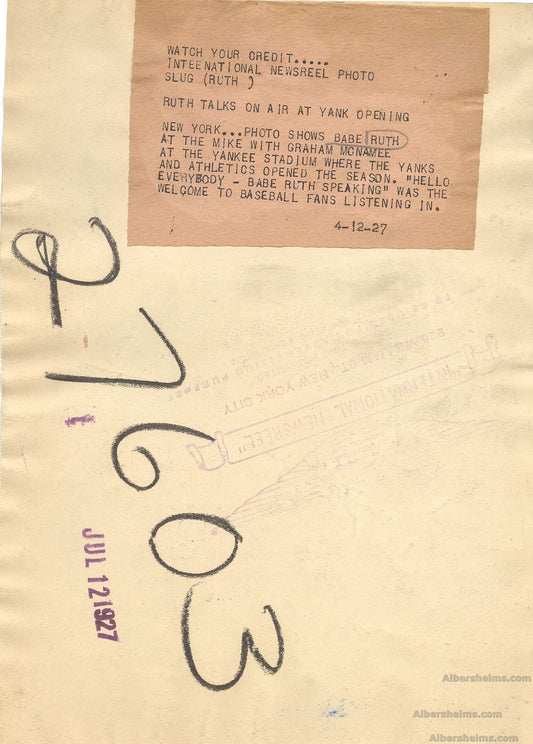 1927 Babe Ruth & Baseball HOF broadcaster Graham McNamee Opening Day Original TYPE 1 photo