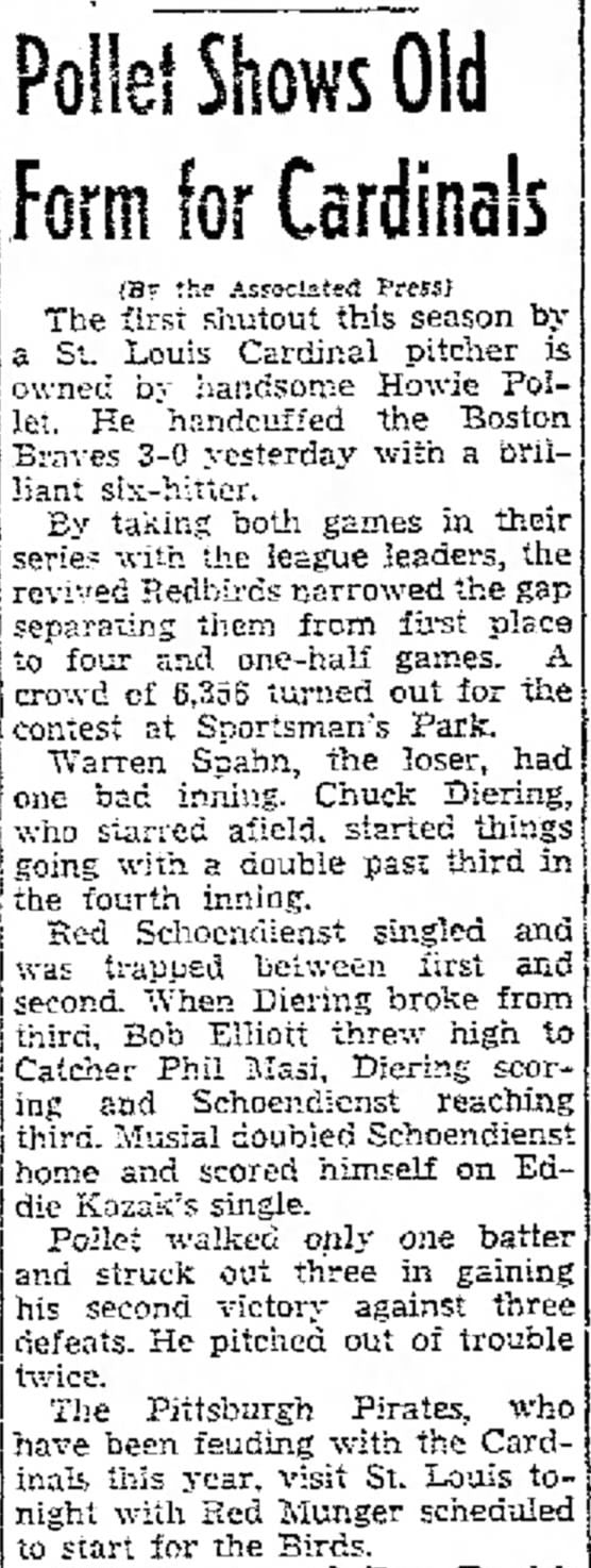 May 25, 1949 St. Louis Cardinals vs Boston Braves Ticket Stub Howie Pollet Shutout