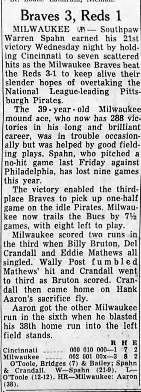 September 21, 1960 Milwaukee Braves vs. Reds Full Ticket Hank Aaron HR #217 Spahn Win 288