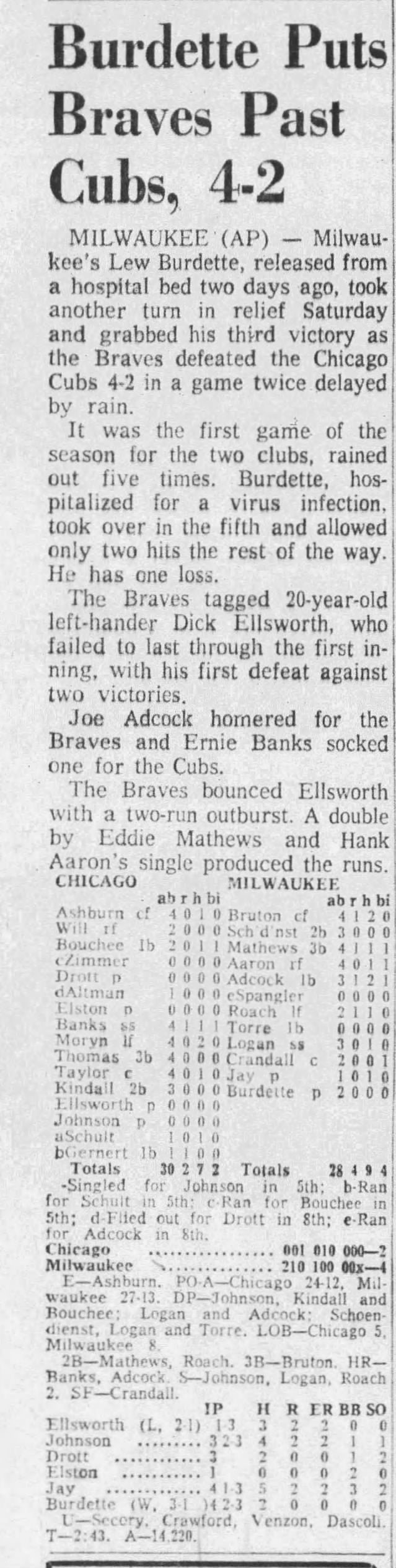 May 21, 1960 Milwaukee Braves vs. Cubs Full Ticket Ernie Banks HR 237