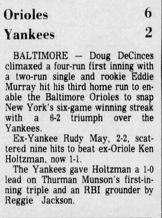 April 26, 1977 Orioles vs Yankees ticket Stub Rookie Eddie Murray Career HR #3