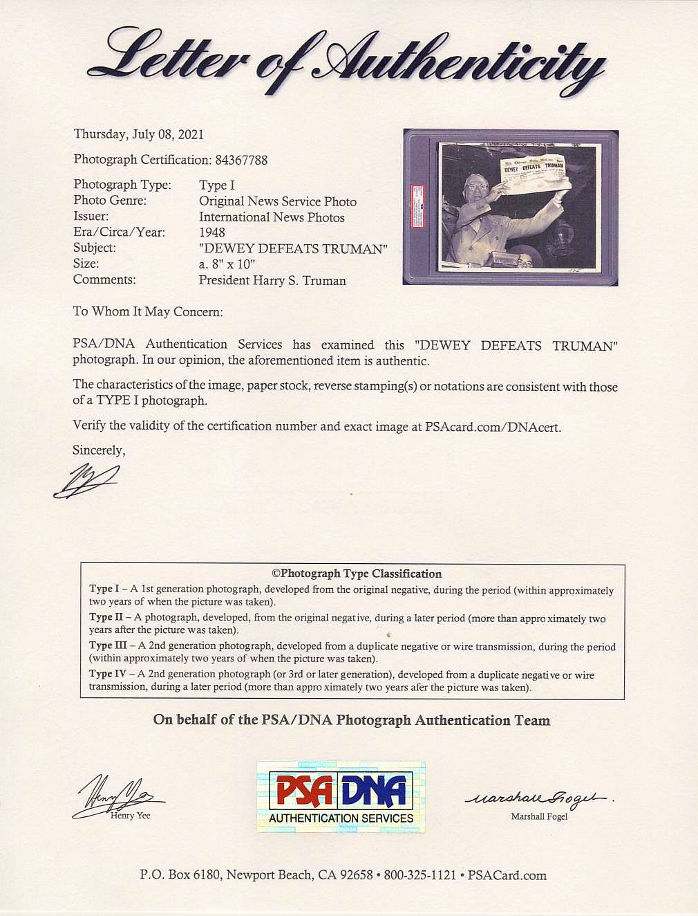 1948 Dewey Defeats Truman Iconic Type 1 Original Photo PSA/DNA LOA