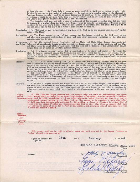 Gene Lillard Signed AUTO 1936 Chicago Cubs Rookie Baseball Contract w/ Phillip Wrigley