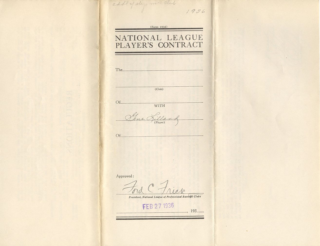 Gene Lillard Signed AUTO 1936 Chicago Cubs Rookie Baseball Contract w/ Phillip Wrigley