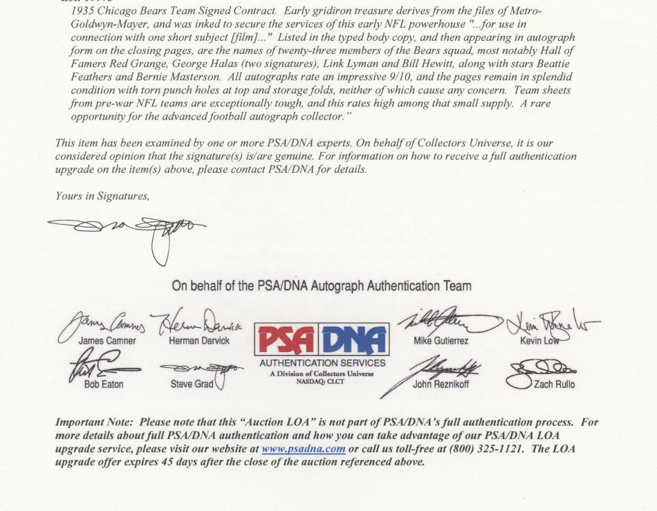 1935 Chicago Bears Team Signed Contract /w Bill Hewitt D. 1947 autograph PSA/DNA LOA